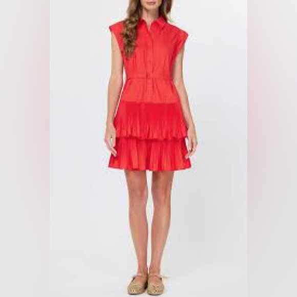 Nwot Current Air Tiered Vibrant Red Mini Dress Belted Women’s Medium Excellent